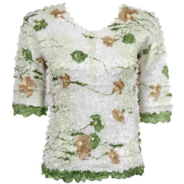 Wholesale 1382 - Satin Petal Shirts - Three Quarter Sleeve White, Green, & Brown Floral - One Size Fits Most