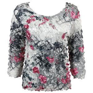 1382 - Satin Petal Shirts - Three Quarter Sleeve White-Black-Pink Floral Satin Petal Shirt - Three Quarter Sleeve - One Size Fits Most