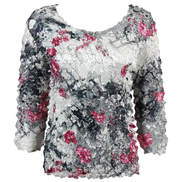Wholesale 1382 - Satin Petal Shirts - Three Quarter Sleeve White-Black-Pink Floral Satin Petal Shirt - Three Quarter Sleeve - One Size Fits Most