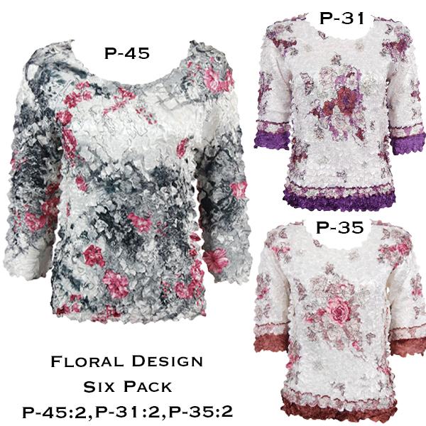 Wholesale 1382 - Satin Petal Shirts - Three Quarter Sleeve Six Pack Assortment<br>
Floral Design - One Size Fits Most