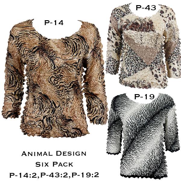Wholesale 1382 - Satin Petal Shirts - Three Quarter Sleeve Six Pack Assortment<br>
Animal Design - One Size Fits Most