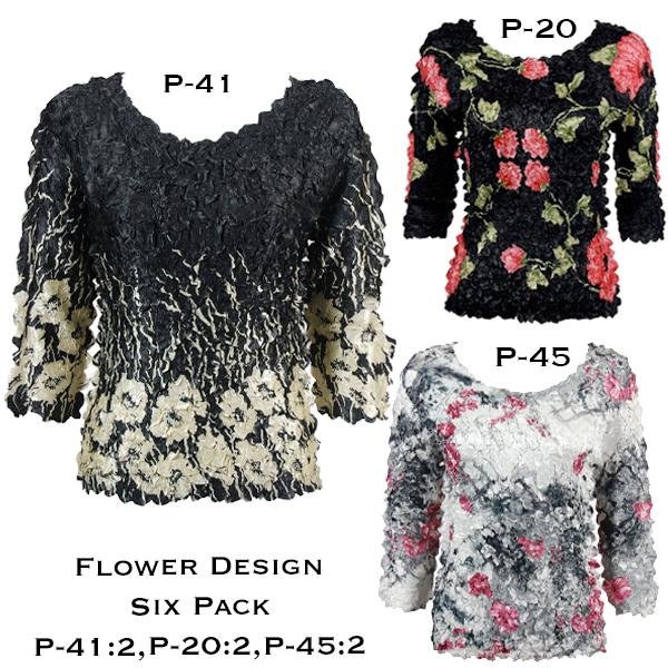 Wholesale 1382 - Satin Petal Shirts - Three Quarter Sleeve Six Pack Assortment<br>
Flower Design - One Size Fits Most