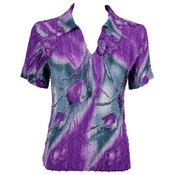 1404 - Magic Crush Georgette Short Sleeve Collared Tulips Charcoal-Purple - One Size Fits Most