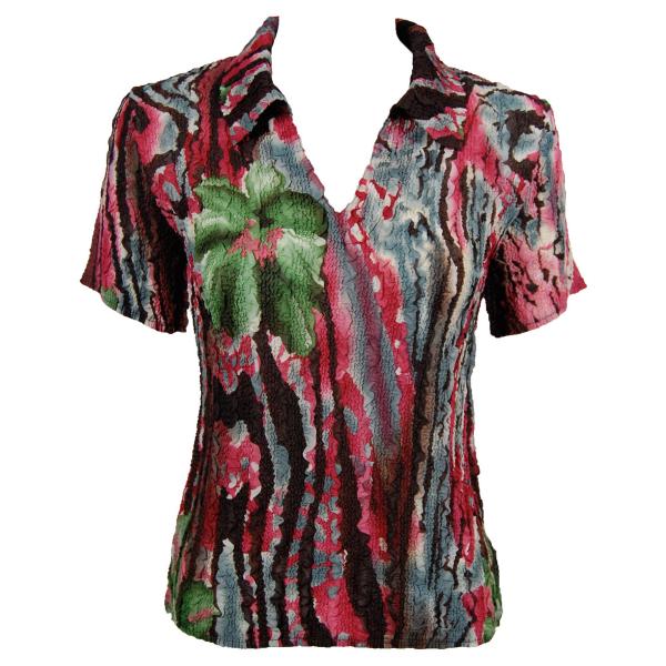 1404 - Magic Crush Georgette Short Sleeve Collared Abstract Floral - Pink-Green - One Size Fits Most