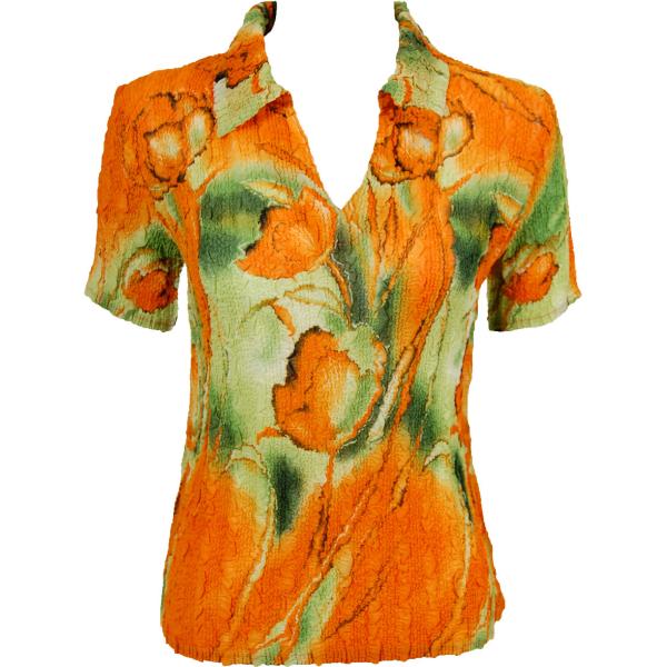 1404 - Magic Crush Georgette Short Sleeve Collared Tulips Green-Orange - One Size Fits Most