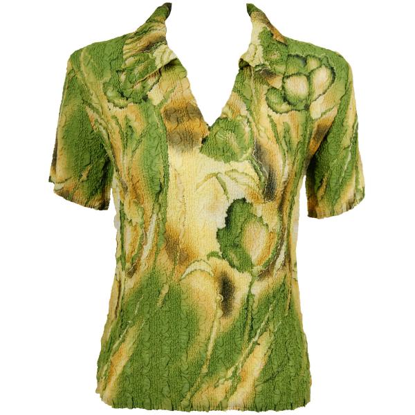 1404 - Magic Crush Georgette Short Sleeve Collared Tulips Green-Gold - One Size Fits Most