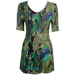 Satin Mini Pleats - Half Sleeve Tunic Butterfly Floral Green-Purple - One Size Fits Most