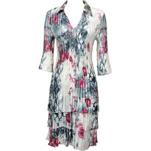 1519 - Satin Mini Pleats - 3/4  Sleeve Dress  White-Black-Pink Floral Satin Mini Pleat - Three Quarter w/ Collar Dress - 