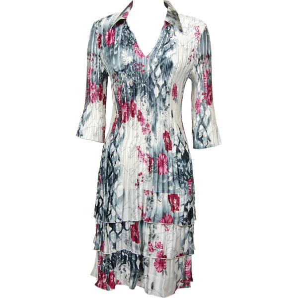 wholesale 1519 - Satin Mini Pleats - 3/4  Sleeve Dress  White-Black-Pink Floral Satin Mini Pleat - Three Quarter w/ Collar Dress - 