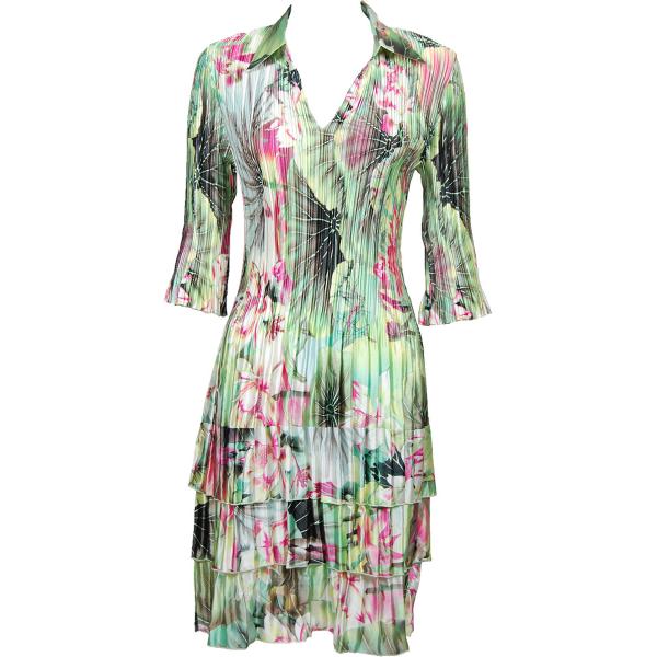 Wholesale 1519 - Satin Mini Pleat 3/4  Sleeve Dress Collar Lime-Coral Floral Satin Mini Pleat - Three Quarter w/ Collar Dress - 