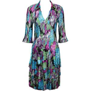 1519 - Satin Mini Pleats - 3/4  Sleeve Dress  Sky Blue-Coral Floral Satin Mini Pleat - Three Quarter w/ Collar Dress - 