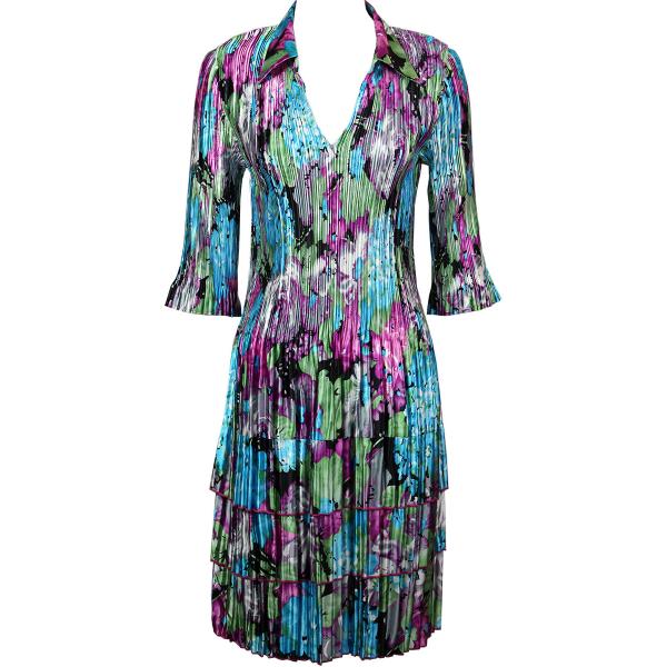 wholesale Satin Mini Pleats - Three Quarter w/ Collar Dress  Sky Blue-Coral Floral Satin Mini Pleat - Three Quarter w/ Collar Dress - 