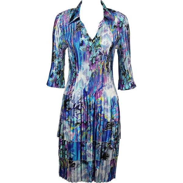 wholesale 1519 - Satin Mini Pleats - 3/4  Sleeve Dress  Paint Splatter Aqua-Purple Satin Mini Pleat - Three Quarter w/ Collar Dress - 