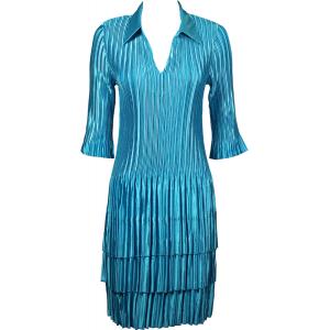 1519 - Satin Mini Pleat 3/4  Sleeve Dress Collar Solid Aqua Satin Mini Pleat - Three Quarter w/ Collar Dress - 