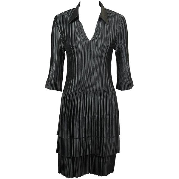 Wholesale 1519 - Satin Mini Pleat 3/4  Sleeve Dress Collar Solid Black Satin Mini Pleat - Three Quarter w/ Collar Dress - 