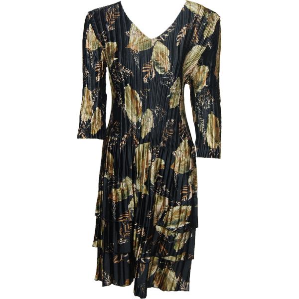 wholesale 1554 - Satin Mini Pleat 3/4 Sleeve Dresses Black with Gold Leaves Satin Mini Pleats - Three Quarter Sleeve Dress - One Size Fits Most