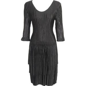 1554 - Satin Mini Pleat 3/4 Sleeve Dresses Solid Black Satin Mini Pleats - Three Quarter Sleeve Dress - One Size Fits Most