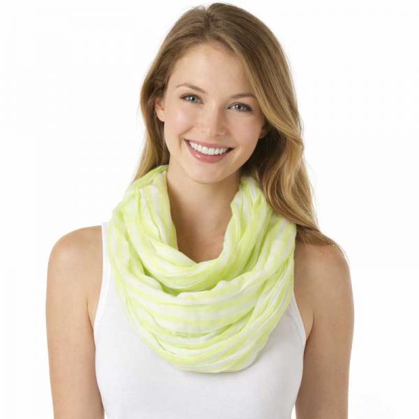 wholesale 100 - Cotton/Silk Blend Infinity Scarves Striped Lime-White - 