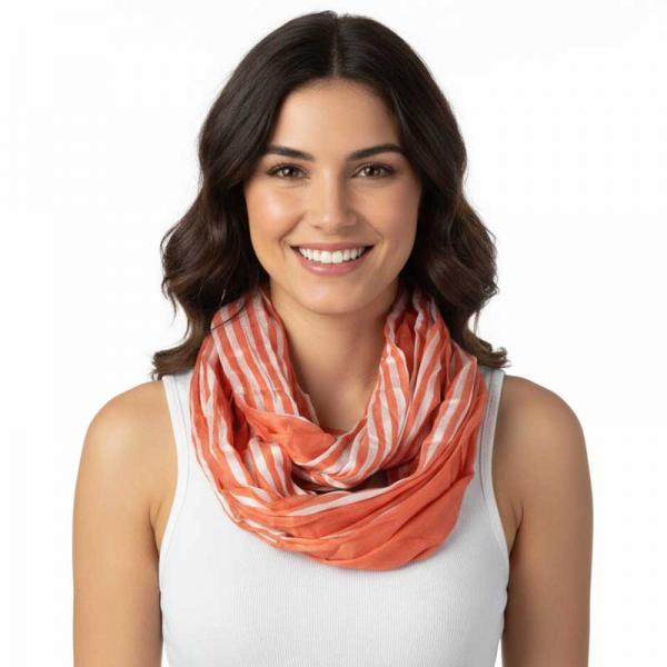 wholesale 100 - Cotton/Silk Blend Infinity Scarves Striped Tangerine-White
(MB) - 