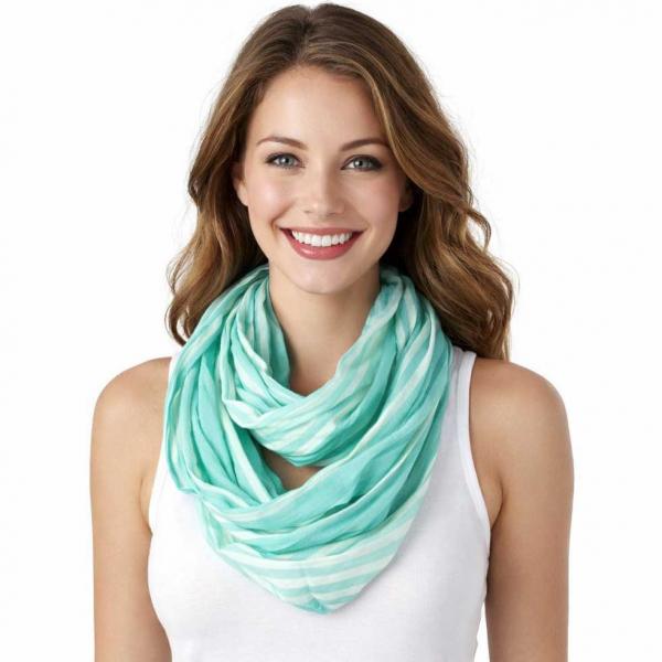 wholesale 100 - Cotton/Silk Blend Infinity Scarves Striped Seafoam-White - 
