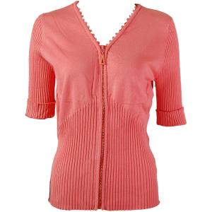 1729 - Diamond Crystal Zipper Half Sleeve Top Coral - One Size Fits  (S-L)