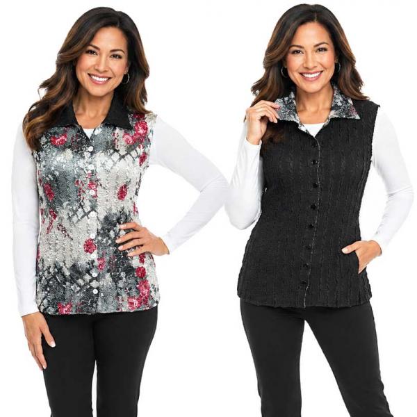wholesale 1732 - Reversible Magic Crush Button-Up Vests White-Black-Pink Floral - One Size Fits Most