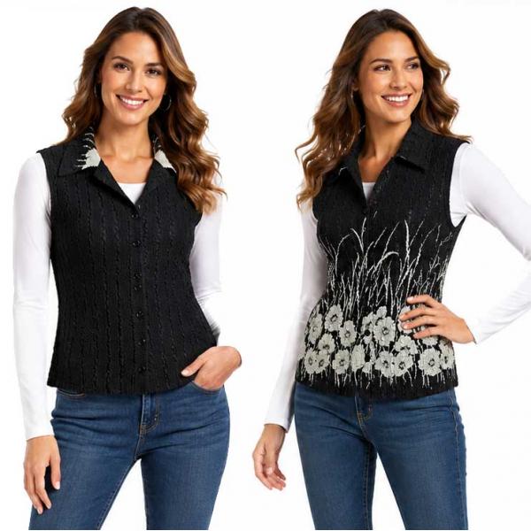 wholesale 1732 - Reversible Magic Crush Button-Up Vests Ivory Poppies on Black - XL-2X