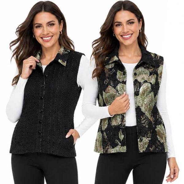 wholesale 1732 - Reversible Magic Crush Button-Up Vests Black with Gold Leaves - One Size Fits Most
