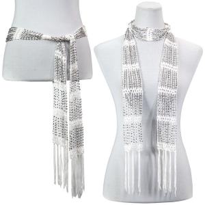 1755 - Shanghai Beaded Scarves/Sash White w/ Silver Beads - 