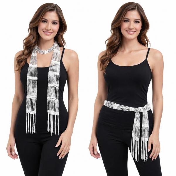 wholesale D016 - Shanghai Beaded Scarves/Sash White w/ Silver Beads  - 