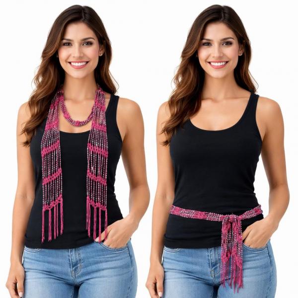 wholesale D016 - Shanghai Beaded Scarves/Sash Hot Pink w/ Silver Beads Shanghai Beaded Scarf/Sash - 