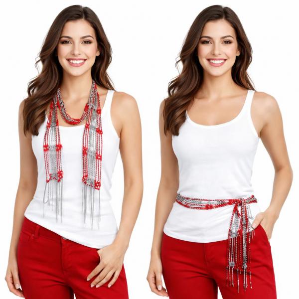 wholesale D016 - Shanghai Beaded Scarves/Sash Scarlet-Grey w/ Silver Beads Shanghai Beaded Scarf/Sash - 