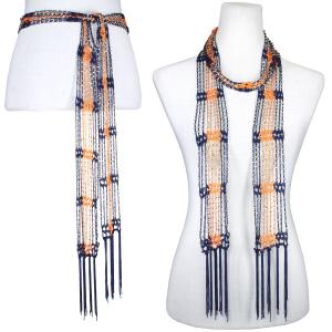 1755 - Shanghai Beaded Scarves/Sash Navy-Orange w/ Silver Beads - 