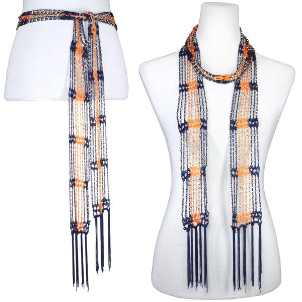 Wholesale 1755 - Shanghai Beaded Scarves/Sash Navy-Orange w/ Silver Beads - 