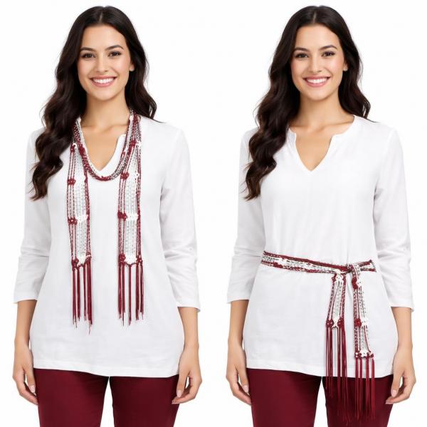 wholesale D016 - Shanghai Beaded Scarves/Sash Crimson-White w/ Silver Beads Shanghai Beaded Scarf/Sash - 