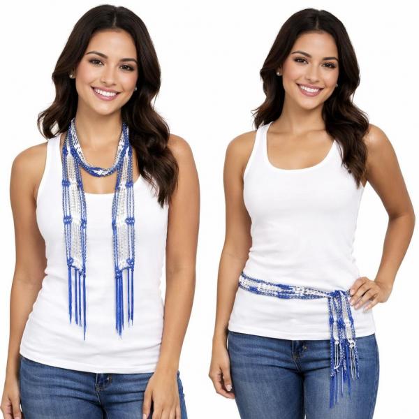 wholesale D016 - Shanghai Beaded Scarves/Sash Blue-White w/ Silver Beads Shanghai Beaded Scarf/Sash - 