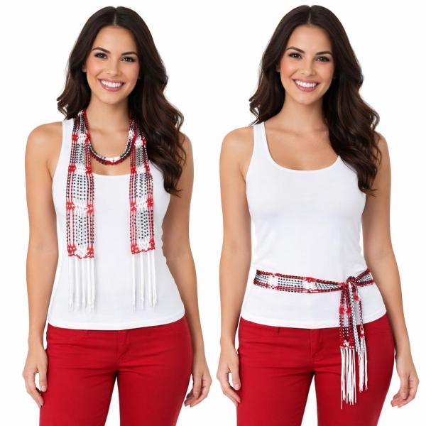 wholesale D016 - Shanghai Beaded Scarves/Sash Red-White w/ Black Beads MB - 