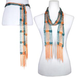 1755 - Shanghai Beaded Scarves/Sash Aqua-Coral Orange w/ Silver Beads Shanghai Beaded Scarf/Sash - 