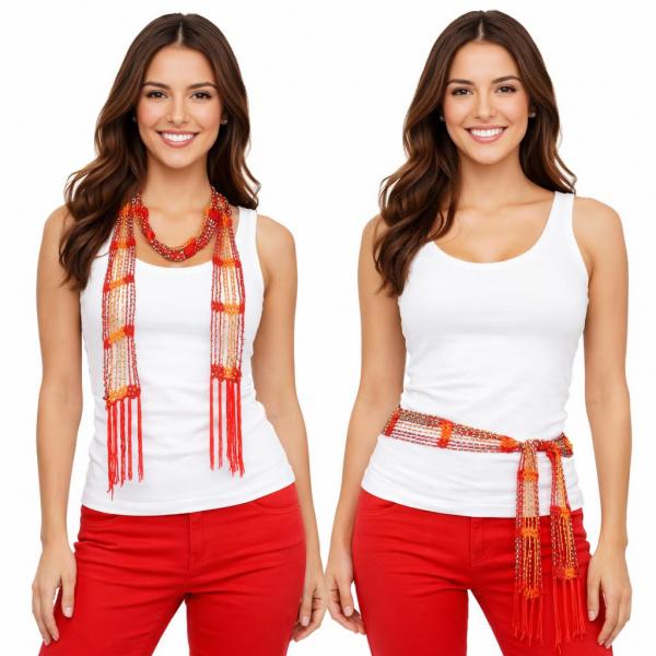 wholesale D016 - Shanghai Beaded Scarves/Sash Red-Orange w/ Silver Beads Shanghai Beaded Scarf/Sash - 