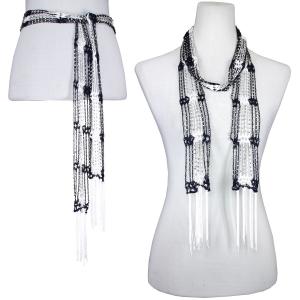 1755 - Shanghai Beaded Scarves/Sash Navy-White w/ Silver Beads - 