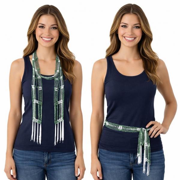 wholesale D016 - Shanghai Beaded Scarves/Sash Forest Green-White w/ Silver Beads Shanghai Beaded Scarf/Sash - 
