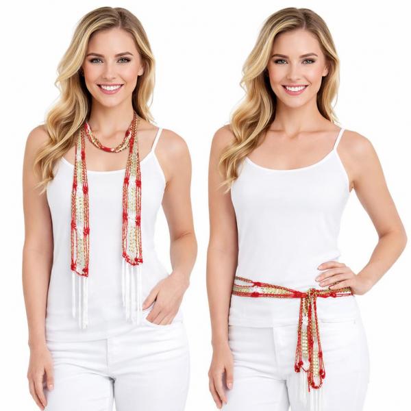 wholesale D016 - Shanghai Beaded Scarves/Sash Red-White w/ Gold Beads Shanghai Beaded Scarf/Sash - 
