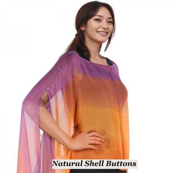 Wholesale 1799/T - Silky Six Button Ponchos 106/POP<br> 
Tri-Color Purple-Orange-Pumpkin<br>
Color Coordinated Buttons  - 
