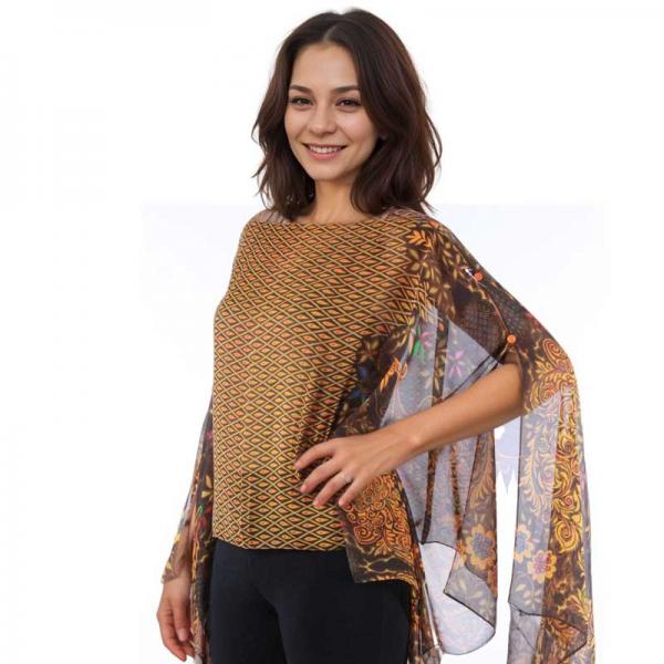 Wholesale 1799/T - Silky Six Button Ponchos 506/BR<br> 
Brown Peacock Abstract<br>Color Coordinated Buttons (MB) - 