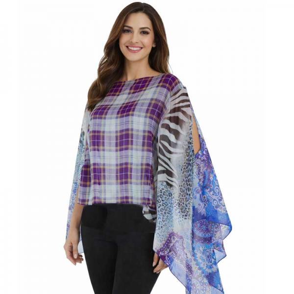 wholesale 1799/T - Silky Six Button Ponchos 709/BL (MB)<br> 
Blue Paisley Plaid<br> 
Color Coordinated Buttons  - 