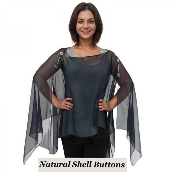 Wholesale 1799/T - Silky Six Button Ponchos Solid Black<br>
Shell Buttons
 
 - 