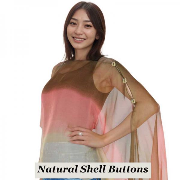 Wholesale 1799/T - Silky Six Button Ponchos 106/BCT<br>
Tri-Color Brown-Coral-Tan<br>    (MB)

Shell Buttons - 