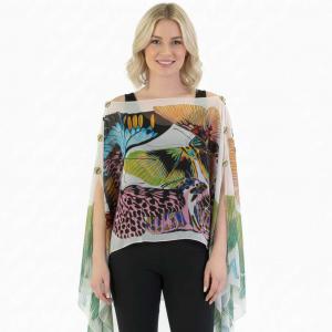 Wholesale 1799/T - Silky Six Button Ponchos 714/WT <br> 
White-Multi Big Butterfly<br>
Shell Buttons - 