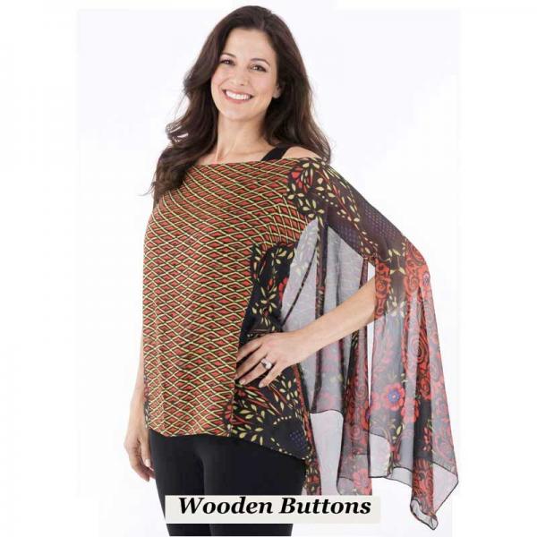 wholesale 1799/T - Silky Six Button Ponchos 506/BRD <br>
Black-Red Peacock Abstract<br>
Wooden Buttons - 