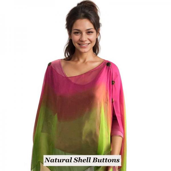 Wholesale 1799/T - Silky Six Button Ponchos 106/MML<br> 
Tri-Color Magenta-Mauve-Lime<br> 
Shell Buttons - 